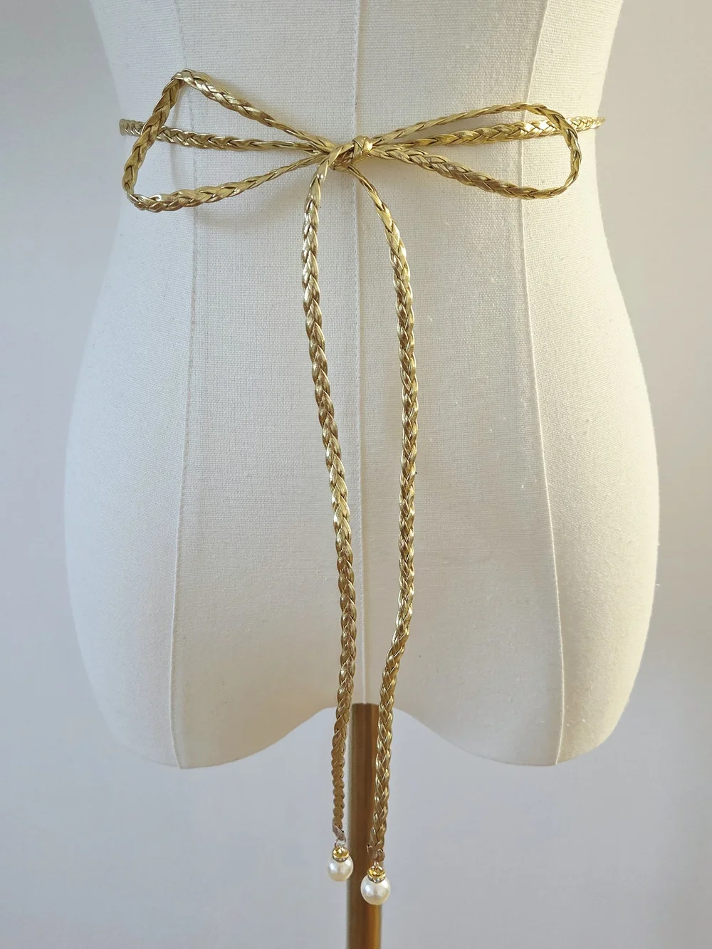 Gold Thin Braided Belt With Pearl Decor